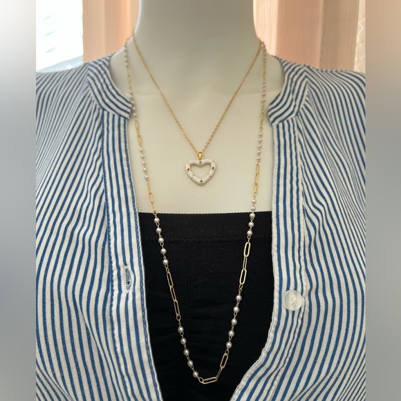 Gold & White Heart Trendy Necklace Set - Boho Layered Necklace Set - Picture 9 of 16